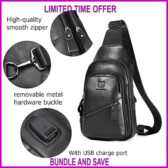 Genuine Leather Sling Backpack with USB Charging Port for Travel Hiking